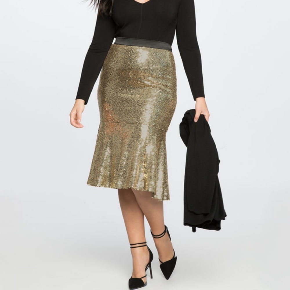 Eloquii Gold Sequin Trumpet Midi Skirt